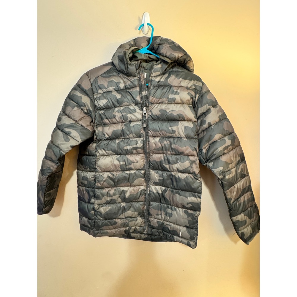Amazon Essentials Kids Camo Puffer Jacket Green Brown Hooded Full Zip XXL 14-16